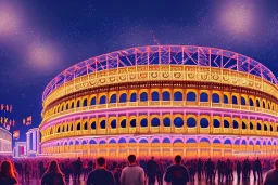 oktoberfest in roman colosseum, hyper detailed, digital part,riesenrad, centered, detailed, 8k, shining, heaven, many happy people, dampf, cyberpunk art, neon lights, neon signs, night, stars, stadion lichter