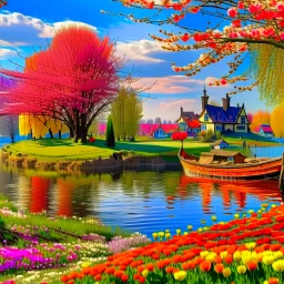 A colorful spring countryside landscape with a large tree with red blossoms in the foreground, a small village with thatched houses in the middle of the ground and a reservoir with a boat in the distance. In the background are magnificent flower fields in yellow, purple, red and orange colors. The scene has a warm color palette