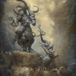 a Big-horn Ram warrior in navy blue and yellow battle armor, a highly detailed illustration, background of Inka jungle, realistic render, 8 k, micro detail, intricate, elegant, centered, digital painting, Artstation, smooth, sharp focus, illustration, artgerm, tomasz alen kopera, peter mohrbacher, donato giancola, joseph christian leyendecker, wlop, boris vallejo