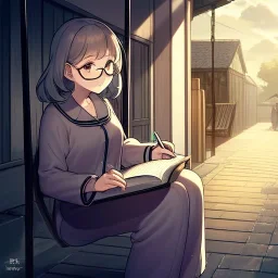 anime girl writing with a pencil in a book sitting on a porch swing of a very old house in the rain, wearing pajamas,wearing glasses
