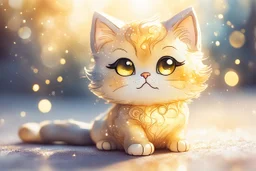 thinking cute chibi cat in sunshine, watercolor and black ink outlines, sparkling golden glitter, ethereal, cinematic postprocessing, bokeh, dof