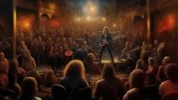 oil painting, hard rock concert, bon jovi. concert. mega detailed. 1970 dark fantasy.