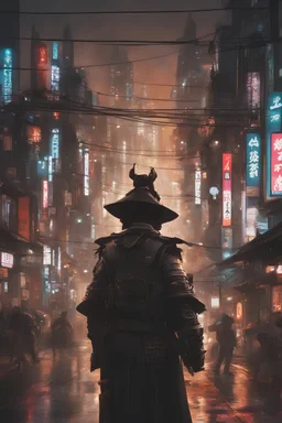 In the sprawling metropolis of Neo-Edo, a cyber-samurai warrior faces off against a horde of cybernetically-enhanced Tengu. The cityscape is a mesmerizing blend of traditional Japanese architecture and high-tech neon signs. [Epic, Neo-Edo, Cyber-Samurai, Tengu, Futuristic, Urban, Detailed, Action-Packed, Luminous, Dynamic]