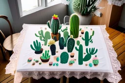 cacti birthday cake on lace tablecloth in a modern kitchen in sunshine