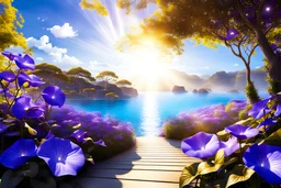 blue, gold light effects colors, a magic garden with morning glory, clear sunny light, highly detailed, luminous rays of the sun, seaside, morning glory flowers, jacaranda trees, high contrast, 8k, high definition, realistic, concept art, sharp focus