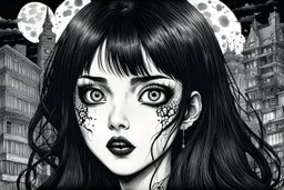 create a horror manga illustration of a dark haired, savage, ancient vampire girl with highly detailed , sharply defined feminine facial features, in a chaotic, turbulent, otherworldly London in the manga style of Junji Ito, precisely drawn, inked, with dramatic edges,