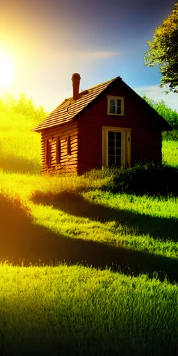 little house in the countryside with reflection of sunlight