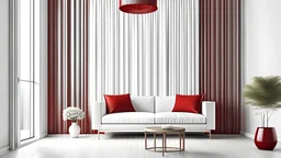 Modern interior design with wooden bench and red curtain, lamp and coffee table with white decor, 3d rendering