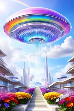 Ufo rainbow, futuriste ultra moderne,stairway to heaven,crystal very beautiful city,flowers garden,angels