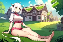 Farm, green grass, house, girl,white hair , sit on grass, cow's tail, cow's horne , cow's under, pink stomach,