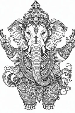 Outline art for coloring page, HIPPIE GANESHA FOUR TOES, coloring page, white background, Sketch style, only use outline, clean line art, white background, no shadows, no shading, no color, clear