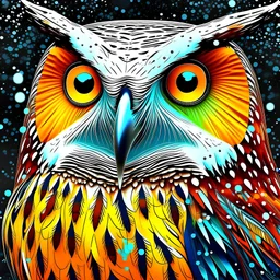 beautiful owl, colorful Liquid white paint splash, Splatter Art, smooth, fit, slim, bjd, abs, hot, masterpiece, best quality, Extremely intricate realistic detailed beautiful skin eyes face background pose, attractive hyper realistic, sharp focus, highly detailed, intricate artwork masterpiece, volumetric lighting