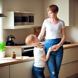 Realistic photo Russian shorthair beautiful tomboy boyish boylike young mother wide hips in kitchen