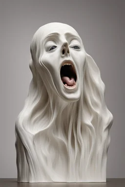 Reimagine "The Scream" by Edvard Munch as a delicate, translucent porcelain sculpture, capturing the anguished figure in mid-torment, mouth agape and eyes wide with despair, its fragile form seeming to vibrate with the intensity of the original's emotional turmoil. The aesthetics evoke a haunting, dreamlike quality, with soft, ethereal lighting casting an eerie glow on the sculpture's intricate textures. Icy blues and misty greens swirl together in a mesmerizing dance, as delicate, lace-like ten