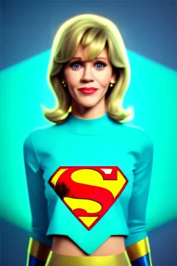 portrait, blonde, Jane Fonda, make-up, happy, coca-cola drinking, Realistic image, retro pop, 60s, supergirl, tights minimal dress, sweat, Color background, photo studio, concept art, smooth, unreal engine 5, god lights, ray tracing, RTX, lumen lighting, ultra detail, volumetric lighting, 3d, finely drawn, high definition, 4k.