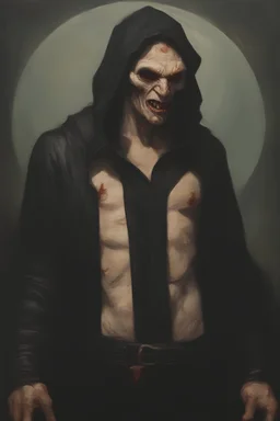 oil painting by Gerald Brom - a vampire/werewolf hybrid, male, A horribly disfigured and ugly, putrid and disgusting, revolting and deformed, young, nosferatu, detailed, horrific ulcers, dark room, hood, scars, black track suit, scab, black hair - Sun flares, sunbursts - a colorful gradated multicolored, dark red and light red background