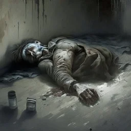 Alone and forsaken, on the verge of dying, lying down with gunshot wound to the stomach, realistic