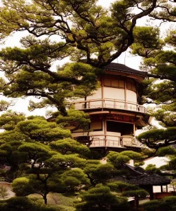 Japanese tea house in outer space with a nebula backdrop and otherworldly trees