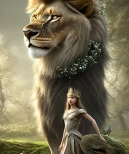 Young beautiful girl wearing floral crown and standing next to a stunning lion on nature forest path, Chronicles of Narnia, 8k resolution, high-quality, fine-detail, iridescent, intricate, digital art, detailed matte, volumetric lighting, beautiful, illustration, 3D octane render, brian froud, howard lyon, selina french, anna dittmann, annie stokes, lisa parker, greg rutowski,