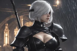 Beautiful 2B with blindfoldin 8k nier automata artstyle, 2B them, 2B Custom, blindfold, close picture, rain, fantasy world, intricate details, highly detailed, high details, detailed portrait, masterpiece,ultra detailed, ultra quality