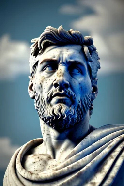 Ultra Realistic image, roman sculpture, white marble material, Lionel Messi, Caesar emperor Laurel crown, miguel angel style, chisel style, emperador, waist up portrait, epic, celestial, cinematic lighting, God light, god rays, 4k resolution, smooth details, ornate details, soft lighting, unreal engine 5, sky and clouds background.