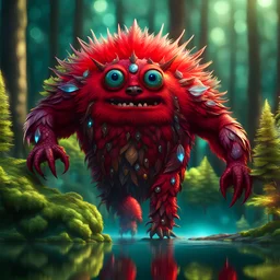 a fat fury red monster walking in a magical forest with creeping things, whimsical glass lake in the background, detailed structure, trending on artstation, bokeh, sparkles, vibrant colors, 16k. surrealistic hybrid creature, detailed beautiful large crystal eyes and feather