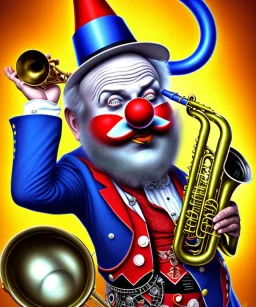 mechanoid happy old friendly fat clown with trimmed beard playing jazz with a steampunk theme, trumpet, realistic