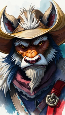 dnd, fantasy, watercolour, humongous strokes, stylistic, portrait, illustration, furry, cowboy, personable face