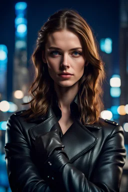 Young woman with Brown Hair, Blue Eyes, Black Leather Coat, Black suit underneath, crossed arms, beautiful face, intense gaze, night, city Background, high detail, 4k, Matrix