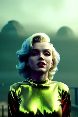 Ultra Realistic retro sci-fi scene, portrait, blonde woman, sweet young Marilyn Monroe face, perfect iris, tight latex coat, Strange planet background, Retro sci-fi style helmet, fog, rain, soft color, highly detailed, unreal engine 5, ray tracing, RTX, lumen lighting, ultra detail, volumetric lighting, 3d, finely drawn, high definition, high resolution.