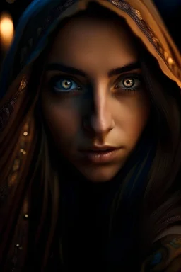 a girl with long brown hair , almond shaped eyes, brown eyes, detailed, 4K, mystical, arabian nights, long eyelashes,