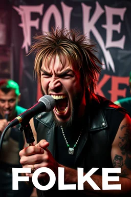 A very angry and bitter punk rocker screaming at microphone, very aggresive image in a club house, his name i FOLKE, and the name FOLKE in background