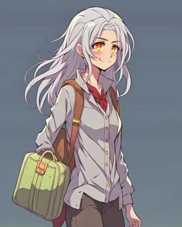 Cute fece, long white hair, gray shirt and with a brown bag, Hunter X Hunter anime style