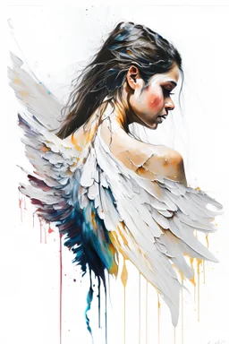 A detailed illustration of a beautiful young female human with growing out of her back. Her skin, hair and face are all made of paint. Her wings are spread. Front view. Highly detailed flawless facial features and eyes. Abstract Oil painting splash art. White background, wide angle, abstract design, beautiful, thick flowing paint strokes, dripping paint, fantasy art, modern art, ((soft happy complimentary colors,)) modern aesthetic, focused on the character, 4K resolution.