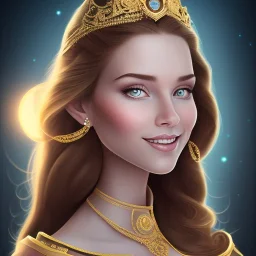 Disney Portrait of a Golden Princess, dark hair, sharp dark eyes, bright blue lighting, sarcastic smile, sharp focus hair.