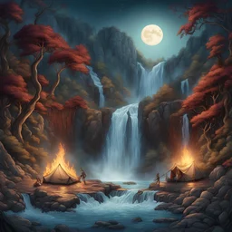 visionary fantasy concept art capturing a fantastic moment of camping tent constructions and roaring bonfire appearing in mid-leap. Rendered in complex color transitions of natural, complementary colors with intricate detail. Full moon. The scene at base of an epic waterfall is set against a moody, background, detailed matte painting featuring deep color saturation, intricate botanical elements. Filigree elements blended into the nature theme. composition exudes an enigmatic luminescence