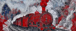 A red railway covered in smoke painted by Jean Dubuffet