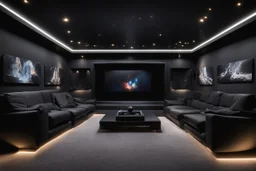 a black themed dedicated home cinema room with LED ambient lighting in the walls make sure the room is completely symmetrical