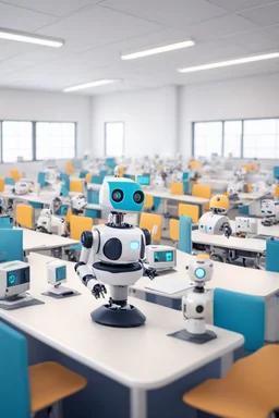 a robot teacher in a classroom with a lot of different student robots. The main robot distribute work amongst smaller robots and computers