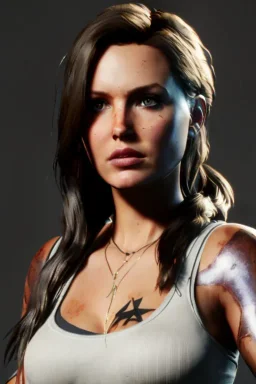 portrait stomatch and face, camilla luddington abandoned, big busty, T-shirt white lara croft clothes