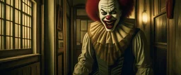 pennywise character with scary laugh in abounded house, Old place, horizontal character, 8k