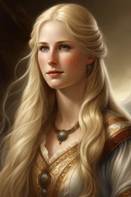 portrait of a goddess with long blond hair, warm-hearted, Norwegian