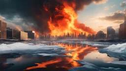 Create an image portraying Earth engulfed in flames, with melting ice caps and flooded cities in the background. Show distressed wildlife struggling to survive amidst the devastation, while a solitary figure stands with determination, holding a wilted plant as a symbol of hope for the future. Capture the urgency and severity of the climate crisis, urging viewers to take action before it's too late