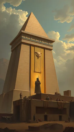 Bosch painting style building the Egyption paramount , using a high tech machine of antigravity