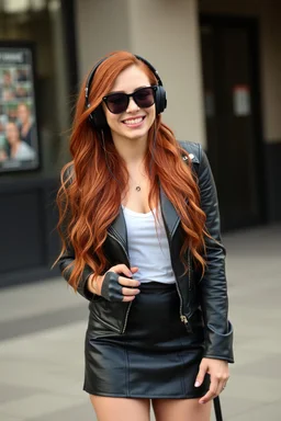 pretty 30 years old woman, red long haired, nice smile, sunglasses, headphones, nice body, big bubs and nice legs, little leather jacket, skirt and boots rocker fashion