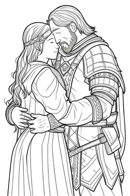 coloring page, minimal detail. HD. Woman hugging a male knight with a beard. No background detail.