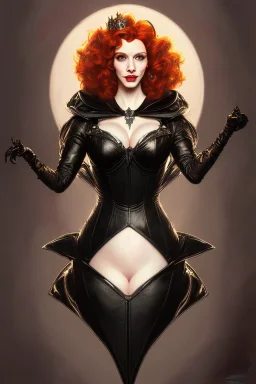 painting of christina hendricks as evil queen in black leather, feminie, angry, volouptous, busty, cleavage, emperious, mature, highly detailed, digital painting, artstation, concept art, smooth, sharp focus, illustration, art by gaston bussiere and alphonse mucha