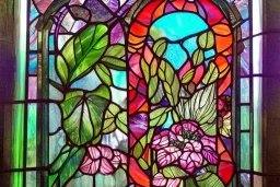 Lilith, Goddess, tropical flowers, stain glass window, heart drawing, crystals, tropical leaves, sacred altar, Fantasy home.