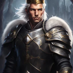 Male Tan Human, White Hair, Handsome Face, Wearing A Magical Crown, Black Heavy Armour, Dark colours theme, Very Dark Background, Paladin Greatsword Strapped to his Back