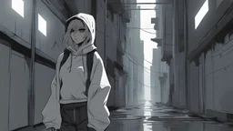 A brutalist architecture cyberpunk alley in a simple anime style, grayscale, rainy, dark, pitch black, foggy, with a girl wearing techwear clothing and a hoodie up leaning against the wall and showing her serious/emotionless face, with a more tanned skin tone, on the right side of the image